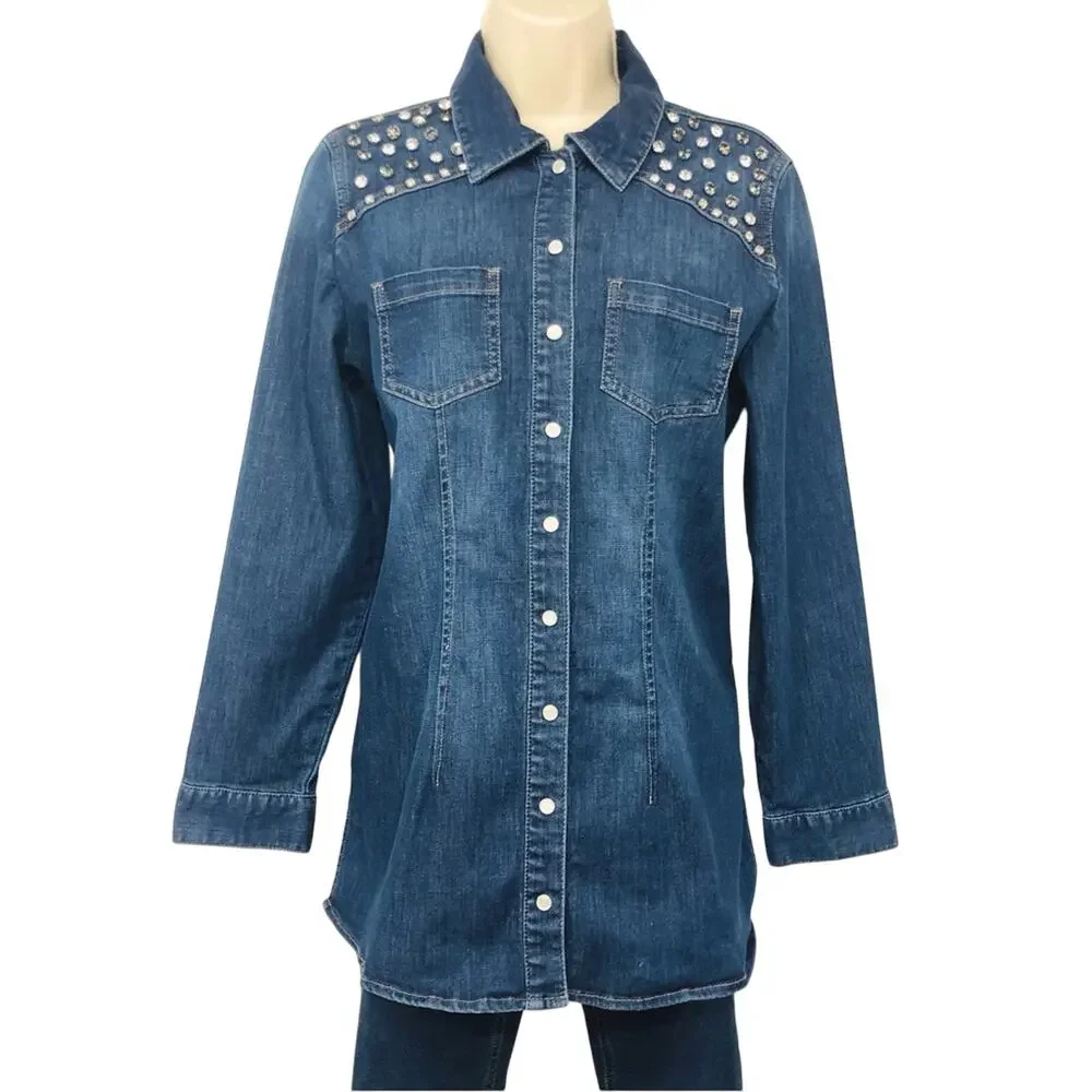 Chicos Size 0 Denim Snap Front Tunic Top Long Sleeve Western Style Bling Yoke